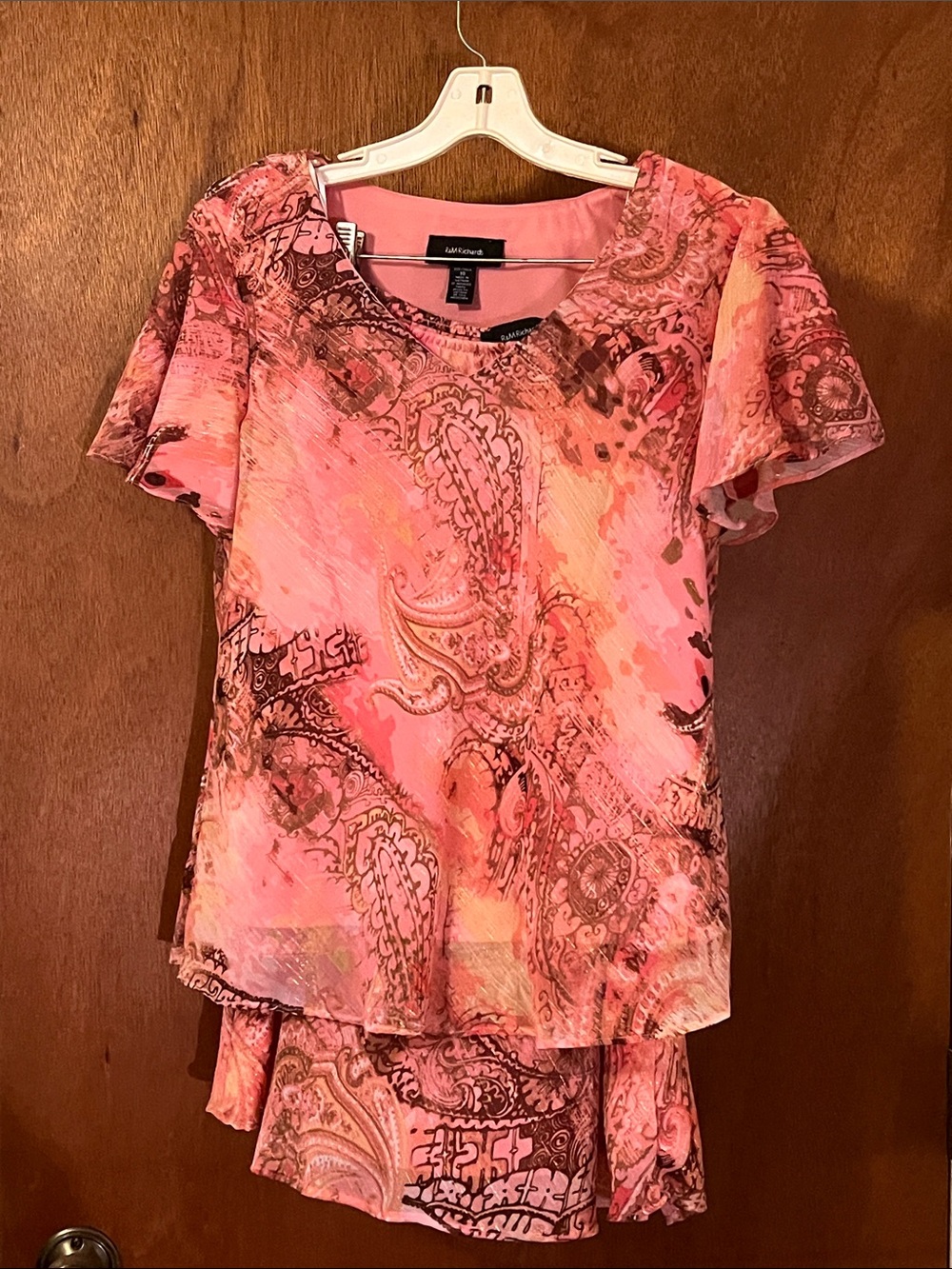 R&M Richards Pink and Brown Paisley Short-Sleeve Tunic Skirt Set
